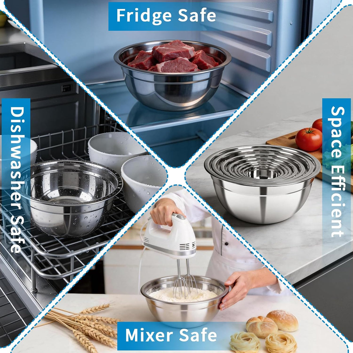 Stainless Steel Mixing Bowls with Lids, 7-Piece Nesting Bowl Set – features