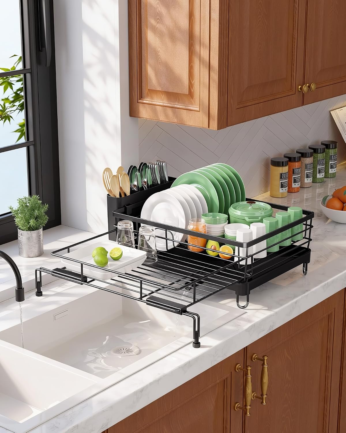 Adjustable Dish Drying Rack, 15.6''-25.2''L × 16.9''W, Black – another angle