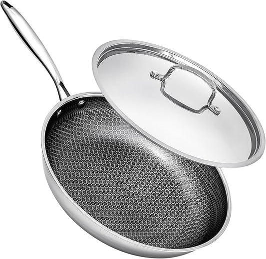 Non Stick Frying Pans with Lids, 12 Inch Fry Pan, Hybrid Large Frying Pan with Lid, Nonstick Skillet Stainless Steel, Dishwasher & Oven-Safe, Induction Compatible Cooking Pan