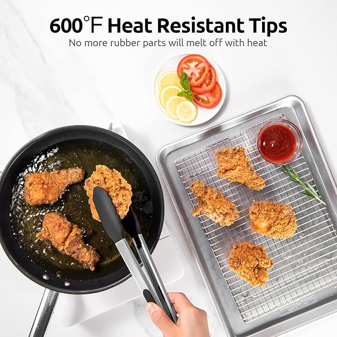600ºF Heat Resistant Kitchen Tongs: U-Taste 9+12 inch Silicone Cooking Tong Set with Firm Sealed Non Stick Rubber Tips and Silicon Coated 18/8 Stainless Steel Handle for Serving Grilling Salad (Black)