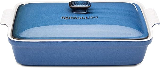 Stoneware Casserole Dish Bakeware Set with Lid, Covered Rectangular Dinnerware, Extra Large 4.23 Quart, 13 by 9 Inch, Blu Indaco [Reactive Blue]
