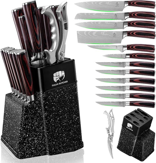 FULLHI 14pcs Block Knife Set, Chef's Knife Steak Knives Set with Block and Sharpener, Kitchen Knife Set, Multi-colour Handle, Gifts for Men Women