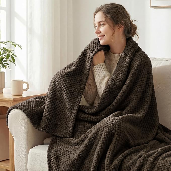 Throw Blanket Coffee Waffle Jacquard Flannel 50 x 70 Inches