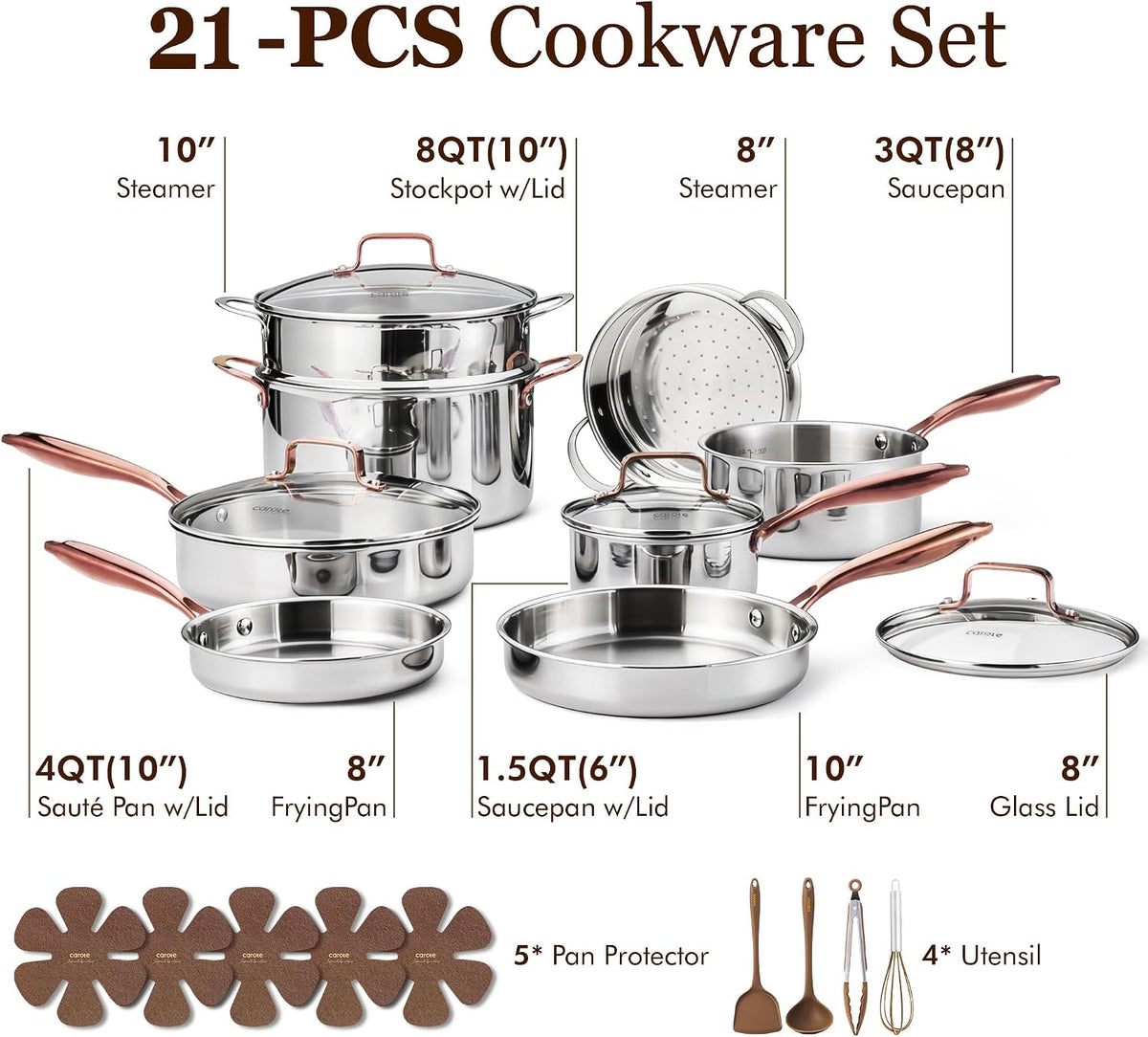 21 PCS Tri-Ply Stainless Steel Cookware Set Pots and Pans Set, Gold – detail