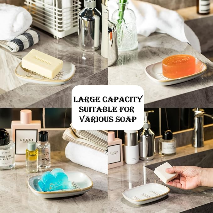 Soap Dish, Beige Ceramic Shower Holder for 1-2 Bars
