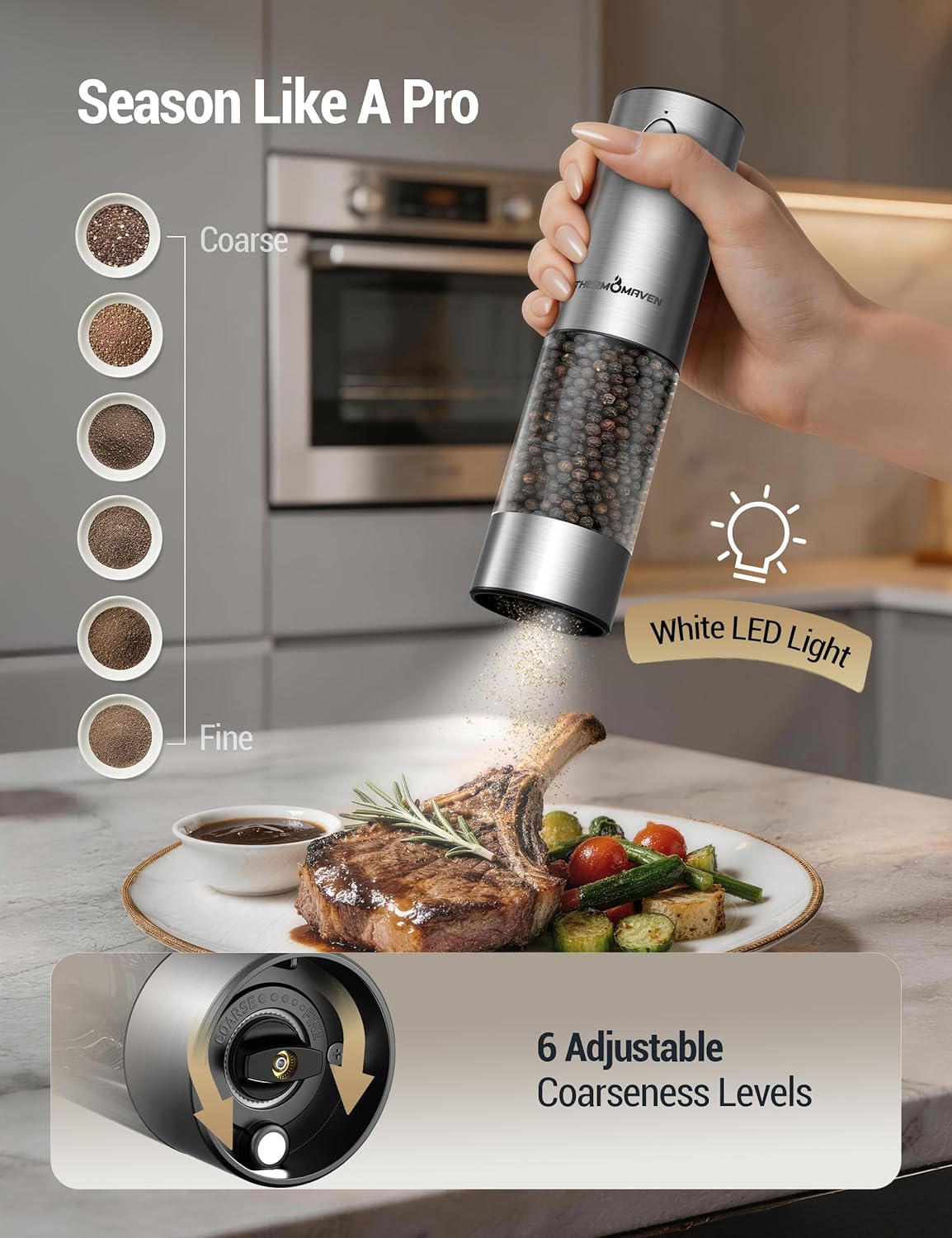Upgraded Larger Capacity Electric Salt and Pepper Grinder Set, 110ml – detail
