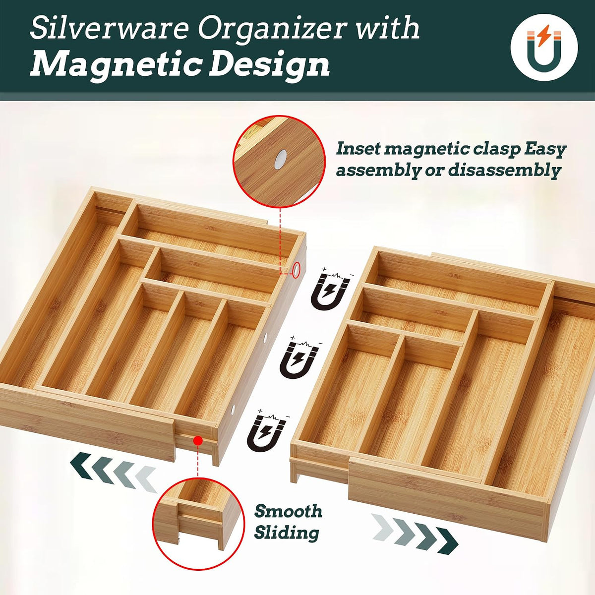 Silverware Organizer Large, Magnetic Connected Expandable 13 Slots Silverware – close-up