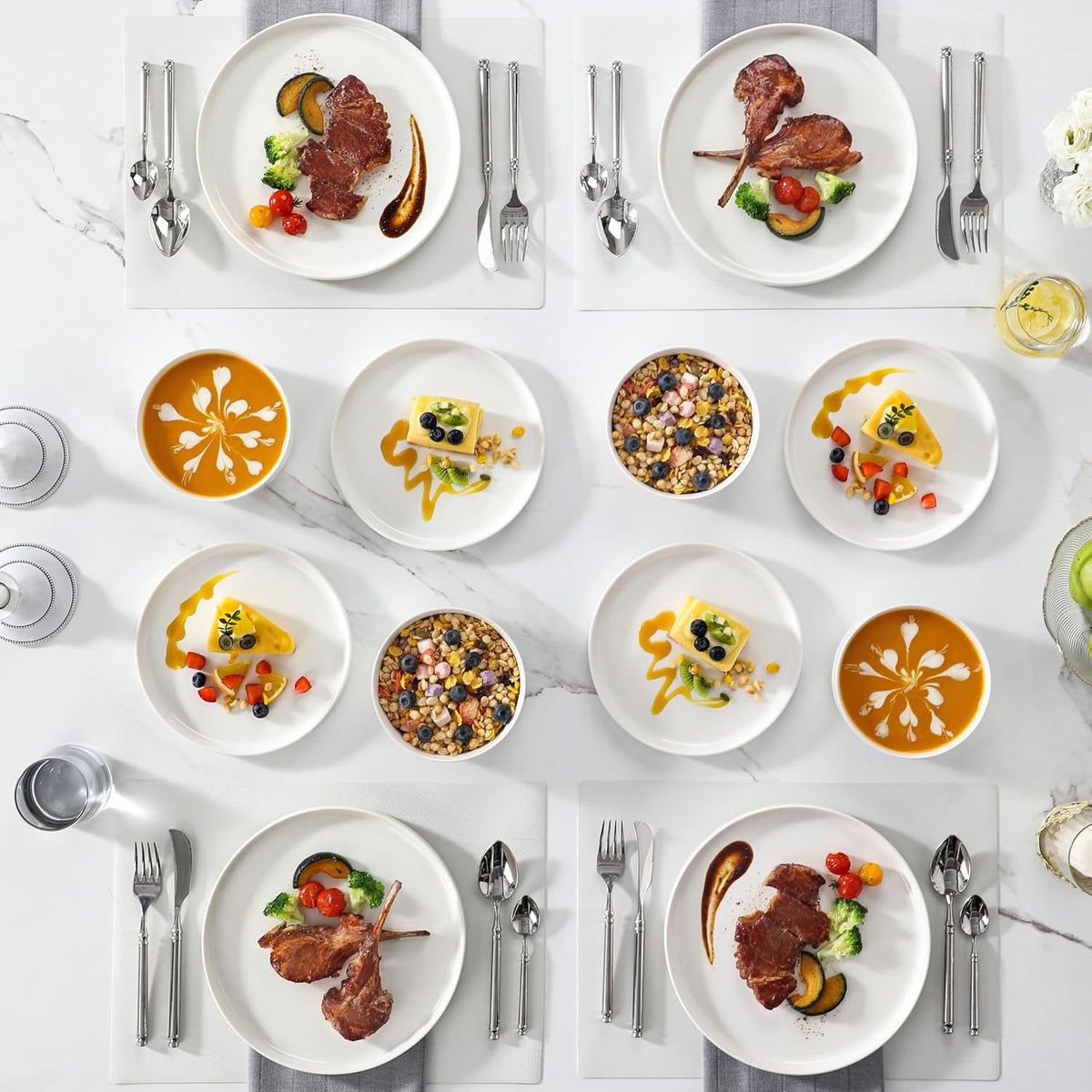 12 Pieces Porcelain Dinnerware Set, Modern White Dish Set for 4, Premium – size reference
