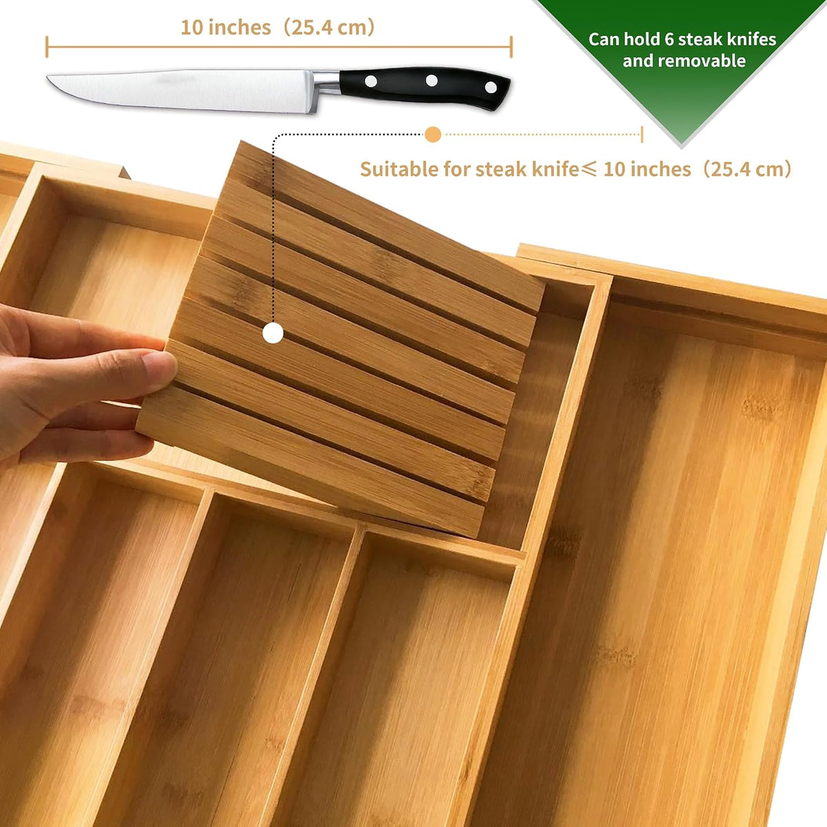 Bamboo Silverware Drawer Organizer, 7 Slots, Natural – detail