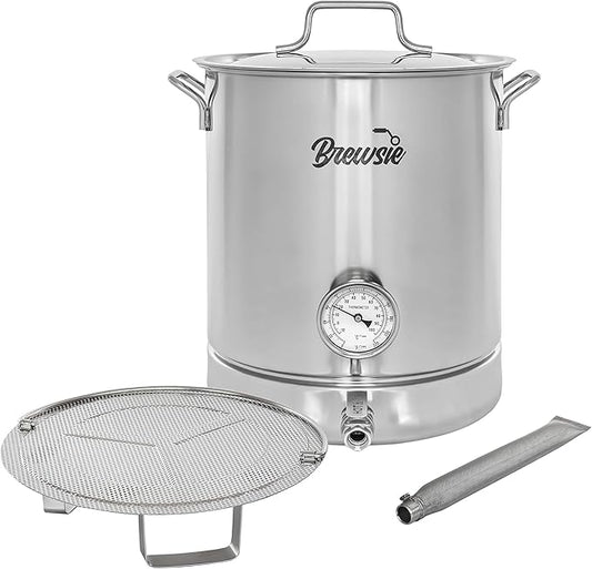 BREWSIE Stainless Steel Home Brew Kettle w/Dual Filtration. Equip with False Bottom Thermometer and Ball Valve for Brewing (16 Gal/ 64 QT)…