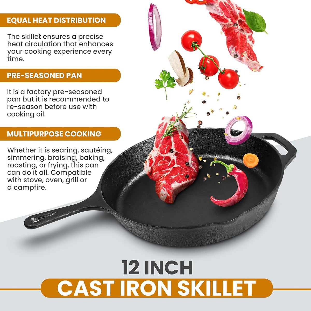 Cast Iron Skillet 12 Inch with Lid Chefs Frying Pan Black – alternate view