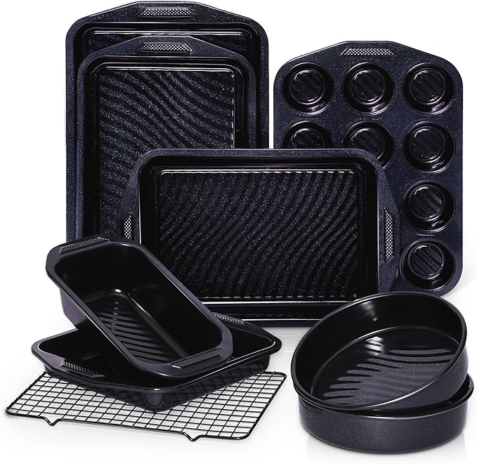 HONGBAKE 9-Piece Baking Pans Set with Wave Texture, 0.8mm Thick Bakeware Sets Non Stick, Includes Stackable Cookie Sheets for Oven Cooking, Cake Pan, Muffin Pan, Loaf Pan, Roasting Pan, Rack, Blue