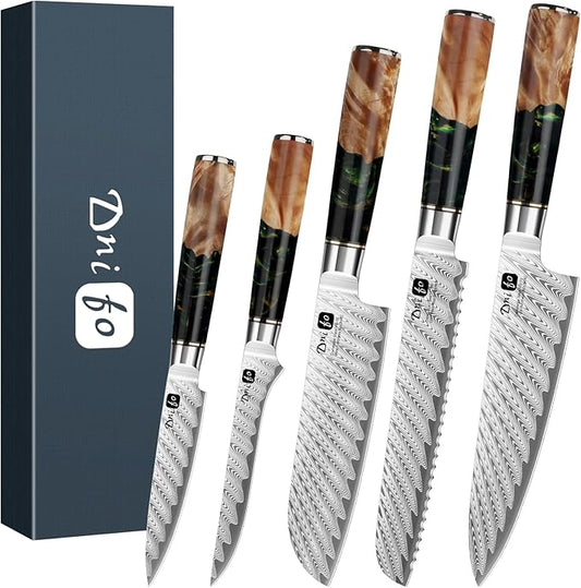 Japanese Knife Set 5 PCS, Damascus High Carbon Stainless Steel Chef Knife Set for Cooking, Kitchen Knives with Gift Box and Resin Wood Handle, Ideal Gift for Men and Women