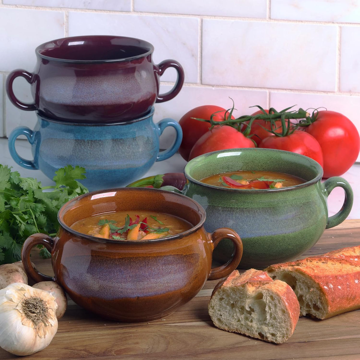 Stoneware 24oz Reactive Glaze Soup Crocks Set of 4: Perfect for soups, stews – size reference