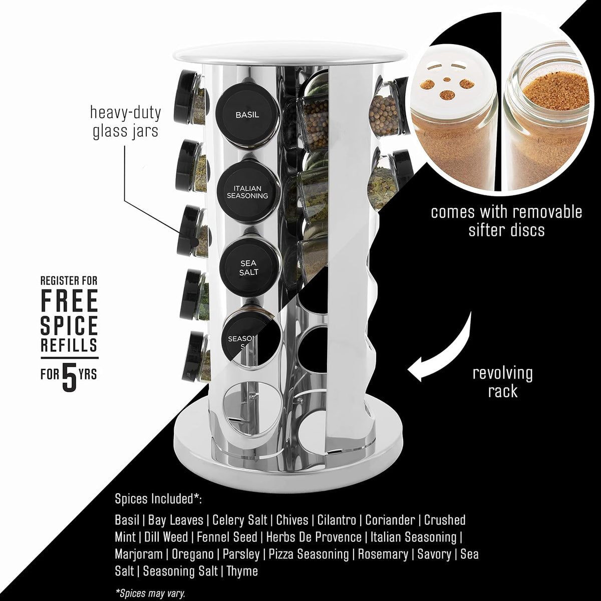 20 Jar Revolving Countertop Spice Rack with Spices Included, FREE Spice Refills – close-up