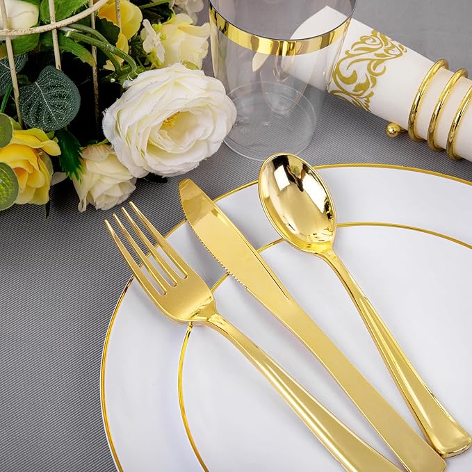 Disposable Plates Set, 350 Pieces, White with Gold Rim for 50 Guests