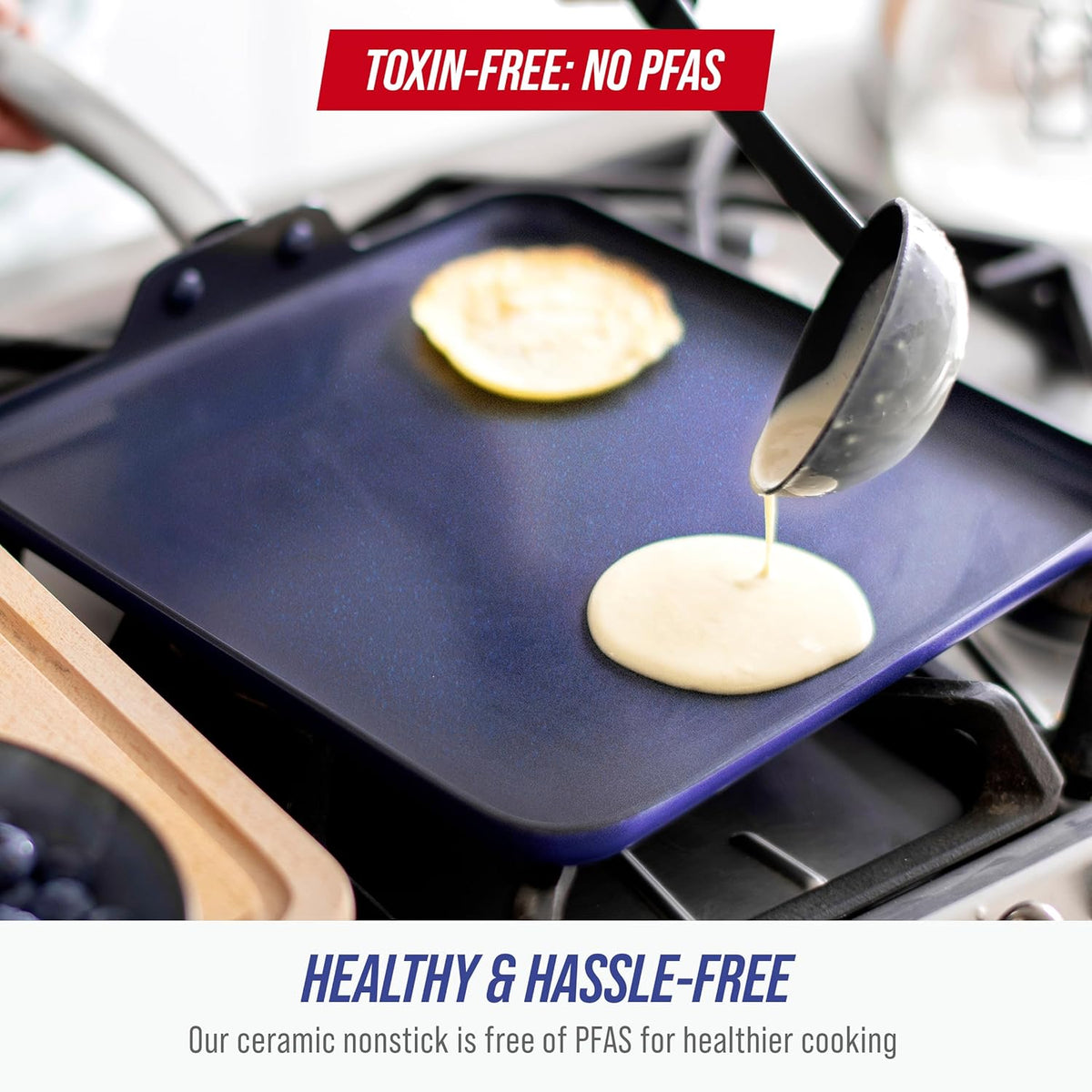 11" Diamond Infused Ceramic Nonstick Square Griddle Pan, Blue – close-up