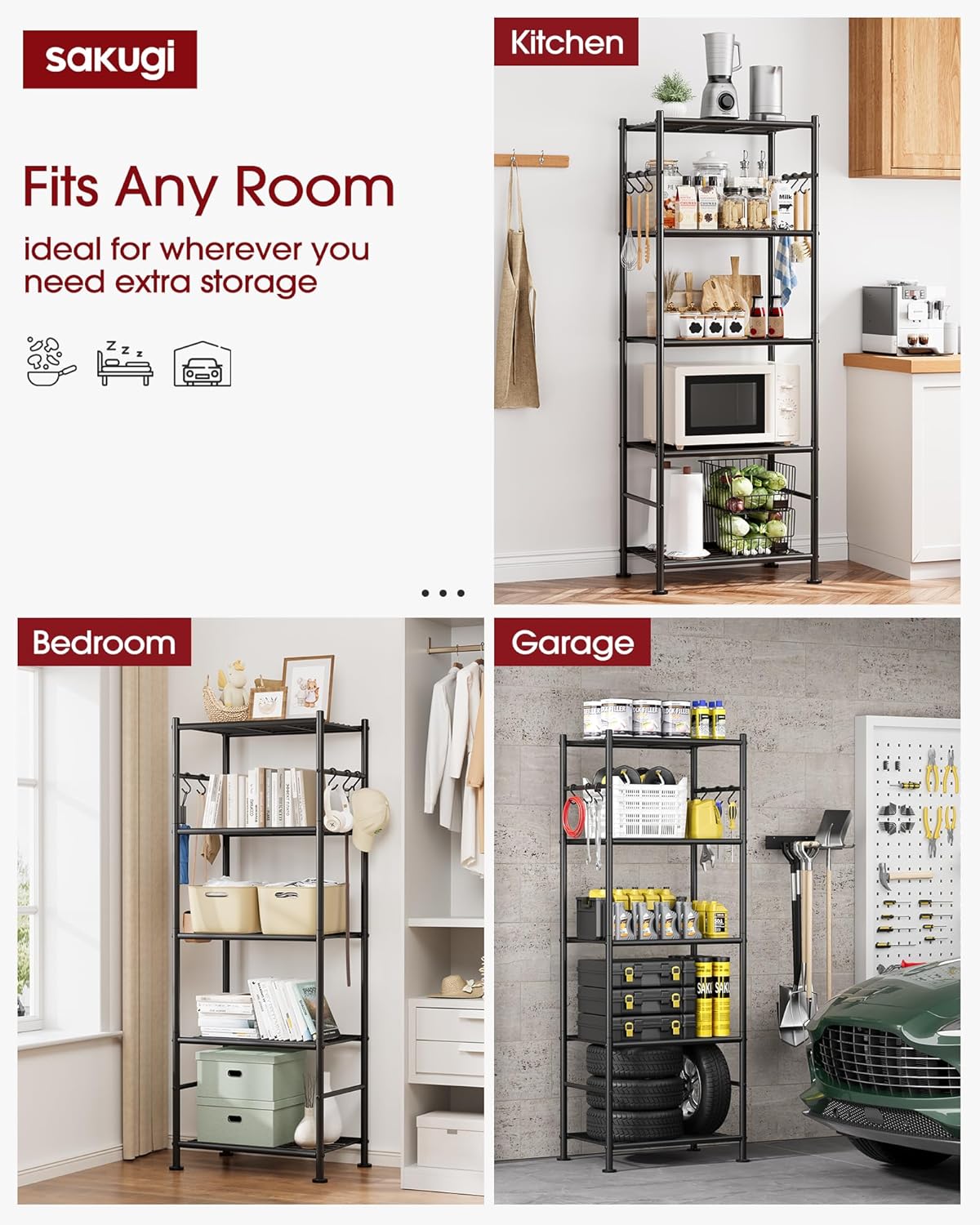 5-Tier Storage Shelves with Hooks, 18.1" x 12.4" x 56.8", Black – alternate view