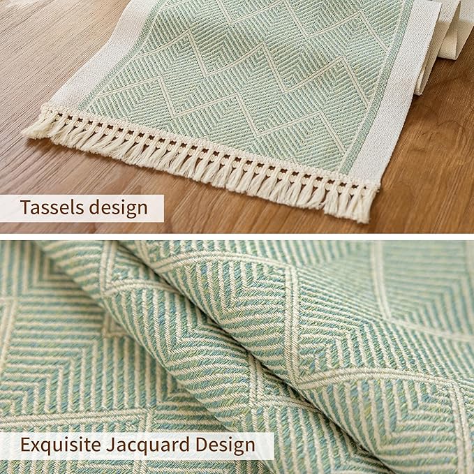 Boho Polyester Table Runner, 14 x 95 Inch Fringed Green