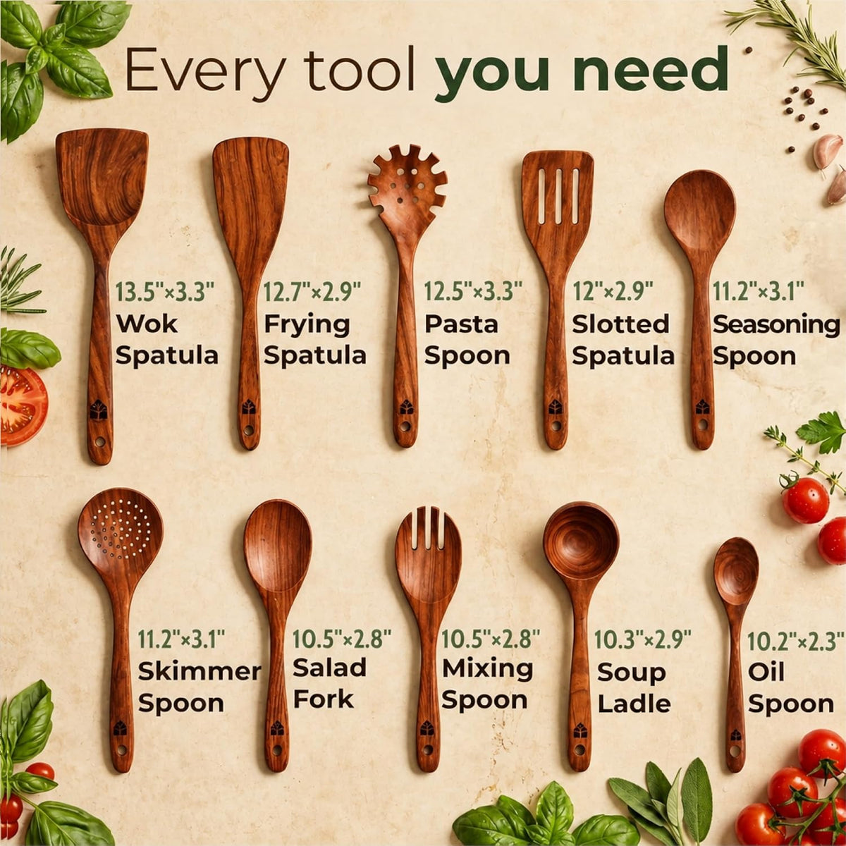 Wooden Spoons for Cooking – 10 Pcs Non Toxic Teak Kitchen Utensils Set – close-up