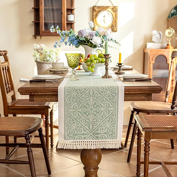 Table Runner, 14 x 119 Inches, Green Polyester with Fringe