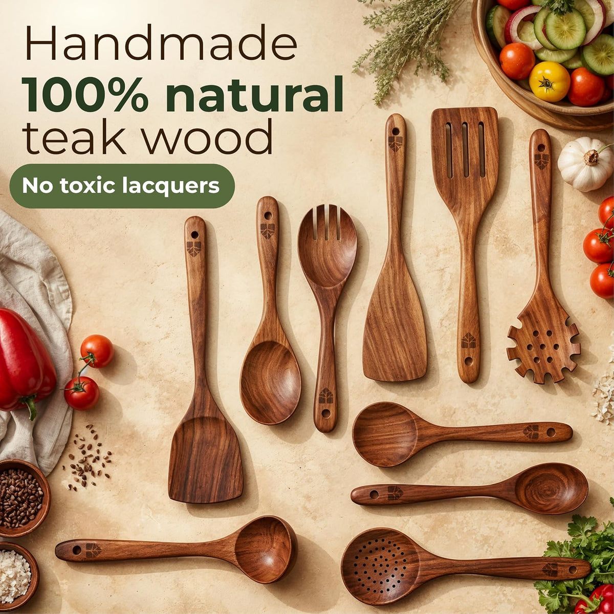 Wooden Spoons for Cooking – 10 Pcs Non Toxic Teak Kitchen Utensils Set – set view