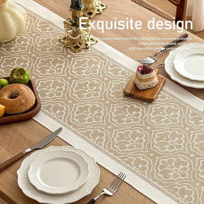 Table Runner in Coffee, Boho Geometric Polyester, 14 x 95 Inch