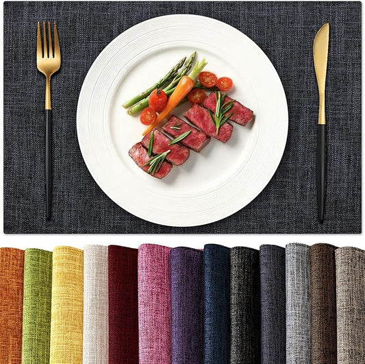 KXN Placemats Set of 4, Dual-Layer Thickened Faux Linen Table Mats, Heat Resistant & Wrinkle-Free, Machine Washable Cloth Place Mats for Kitchen Dining Indoor Outdoor (Dark Grey)
