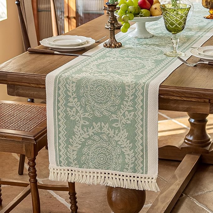 Table Runner 14 x 107 Inch Boho Fringed Polyester with Embroidery