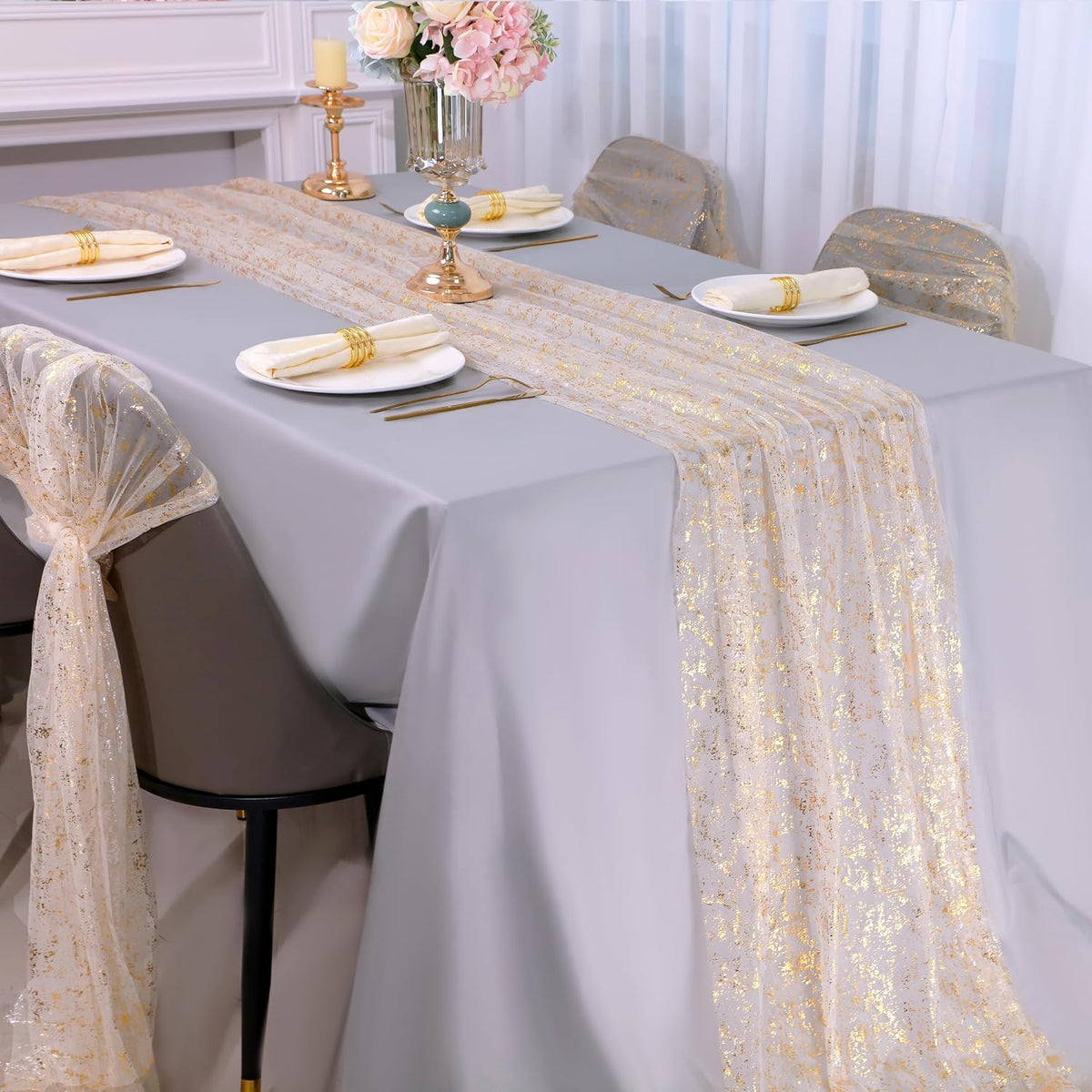 10 Pack 10ft Gold Table Runners, Sheer Chiffon Tulle Cheesecloth Sequin Glitter – detail