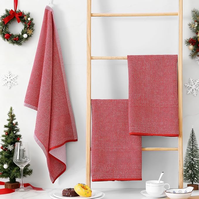 Kitchen Towels 6 Pack, 18 x 28 Inch Red Cotton Flat and Terry Dish Towels
