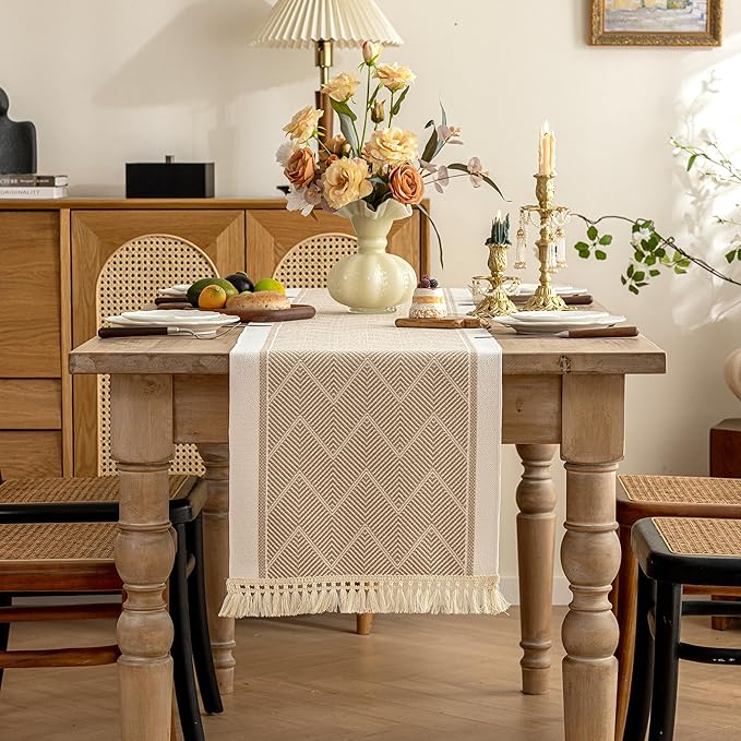 Table Runner in Coffee Boho Style, Polyester with Fringe, 14x63 Inches