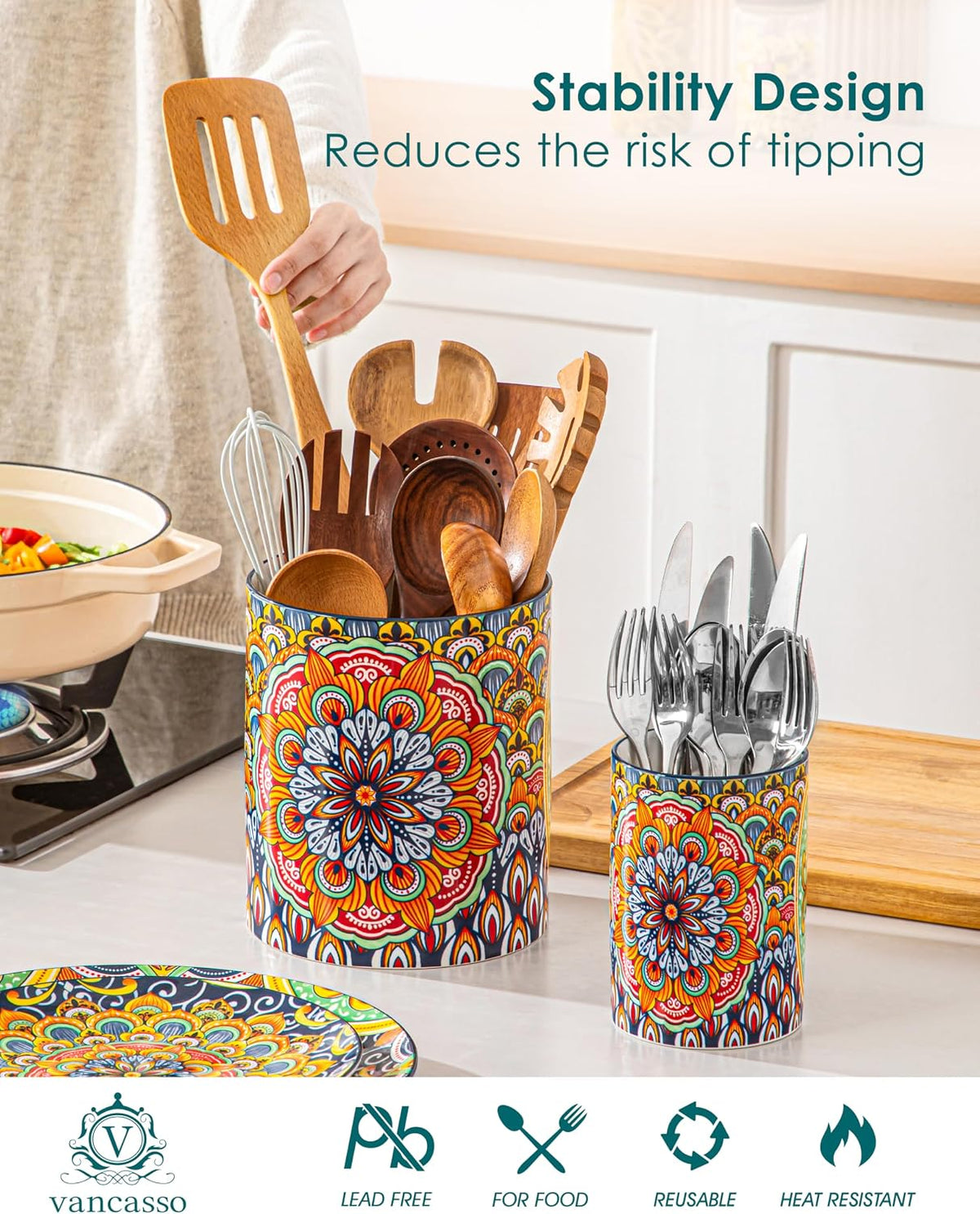 7.3"+5.5" Utensil Holder, Porcelain Utensil Holder for Countertop – close-up
