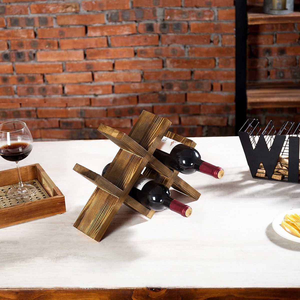 4-Bottle Rustic Brown Wood Wine Rack for Countertop - Brushed Country Rustic – alternate view