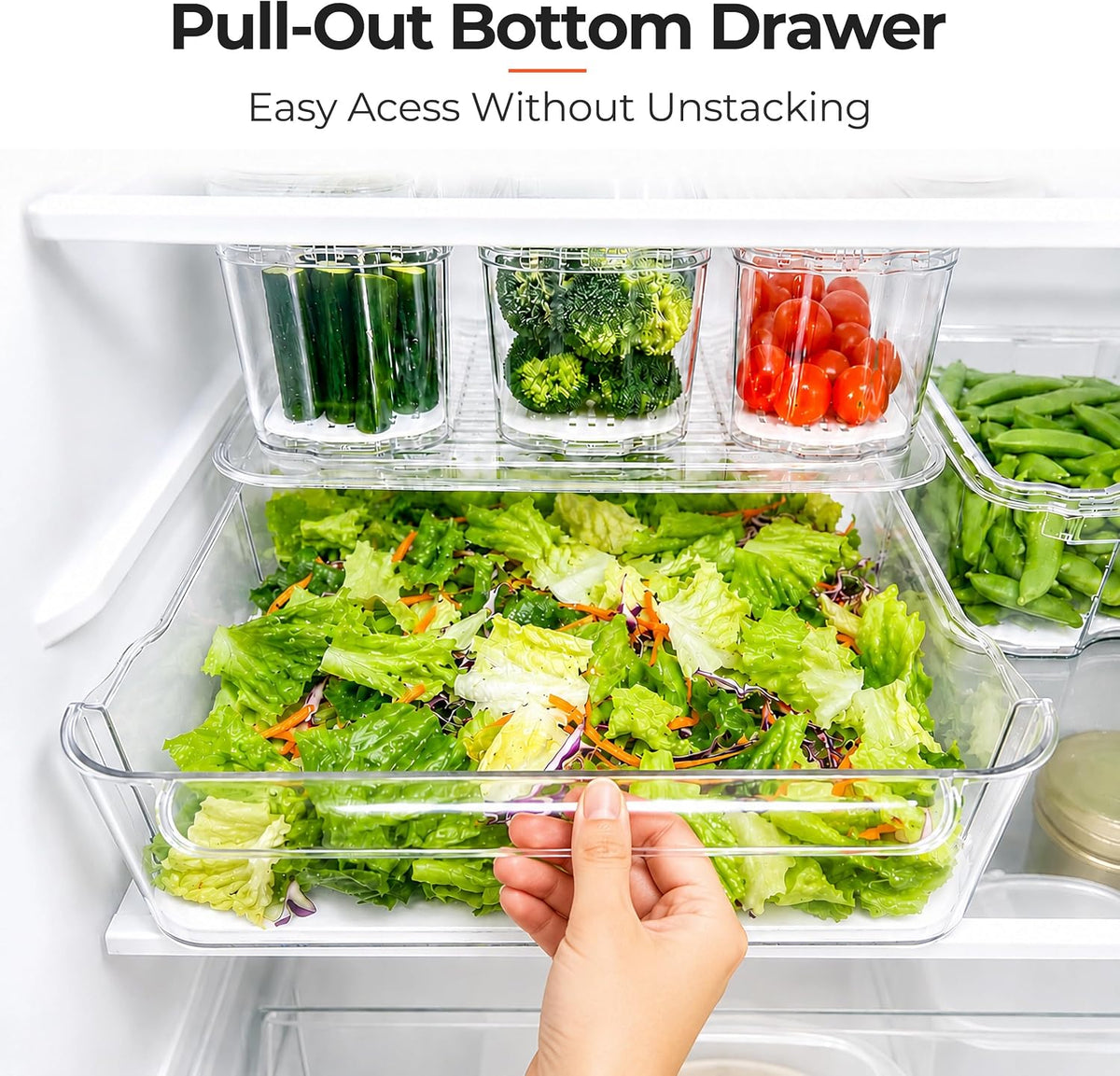 Clear Fridge Bins with Drain Trays - BPA-Free PET, Stackable (8) – close-up
