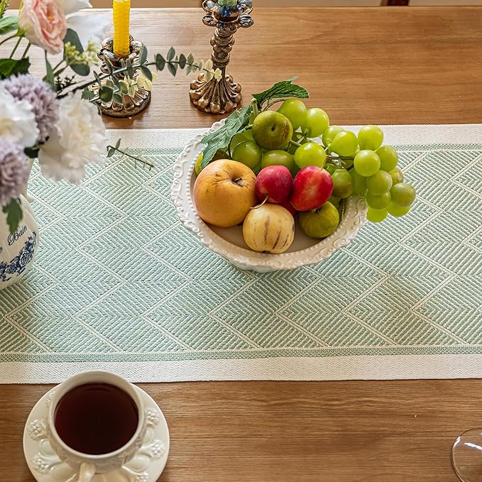 Table Runner, 14 x 63 Inch Green Polyester with Fringed Trim