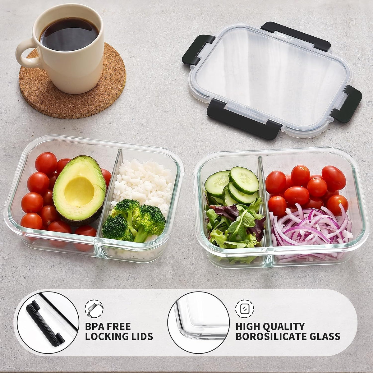 8 Pack 2 Compartment 36oz Borosilicate Glass Meal Prep Containers with Lids – detail