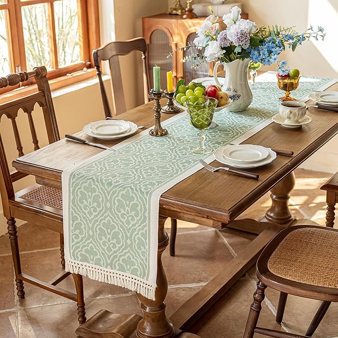 Table Runner Polyester Boho, 14 x 138 Inch, Green