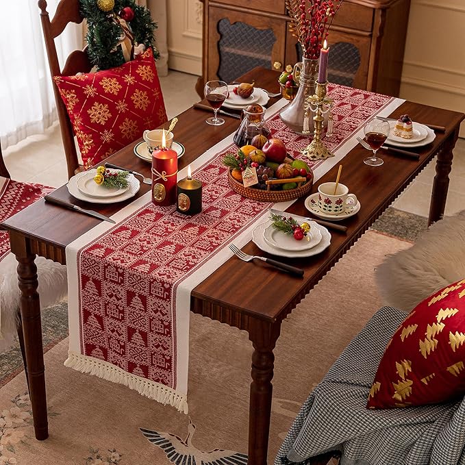 Polyester Table Runner, 14 x 83 Inch with Fringed Trim and Geometric Print