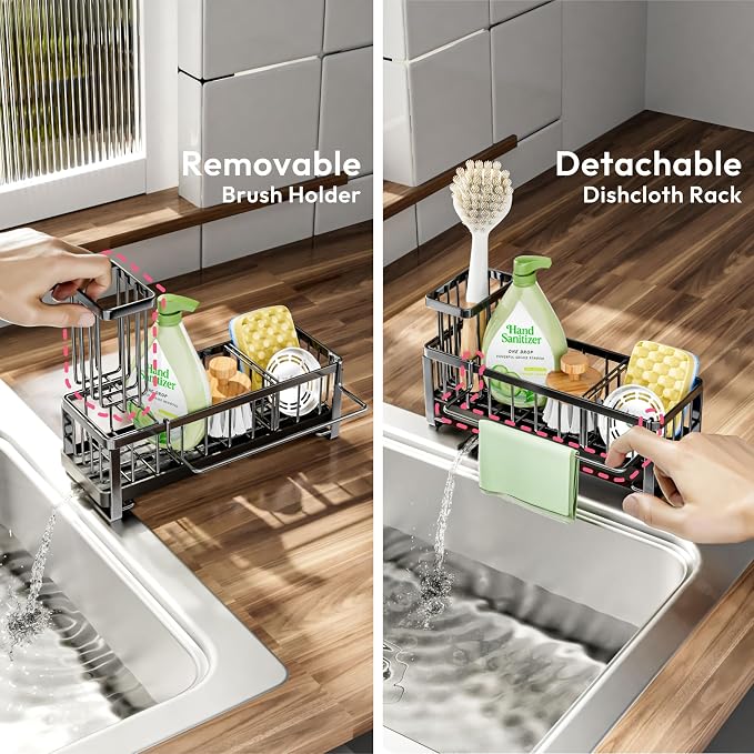 Kitchen Sink Sponge Caddy with Brush Holder, Stainless Steel, Black