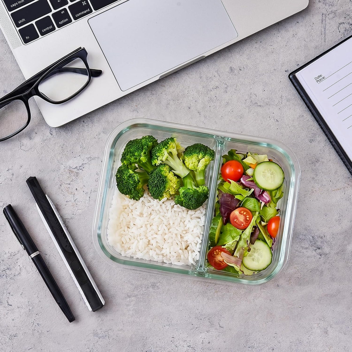 8 Pack 2 Compartment 36oz Borosilicate Glass Meal Prep Containers with Lids – size reference
