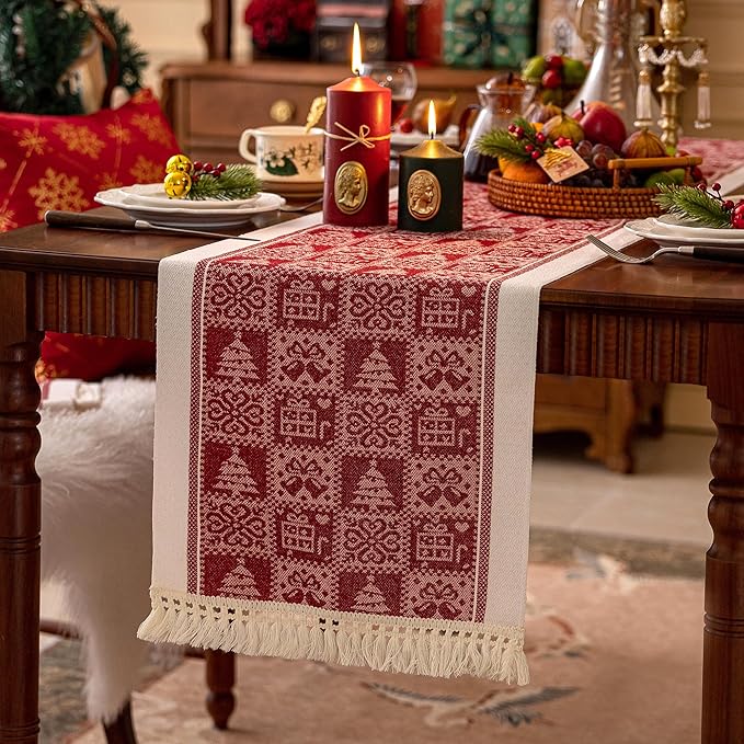 Table Runner, 14 x 95 Inch Polyester with Fringed Boho Print