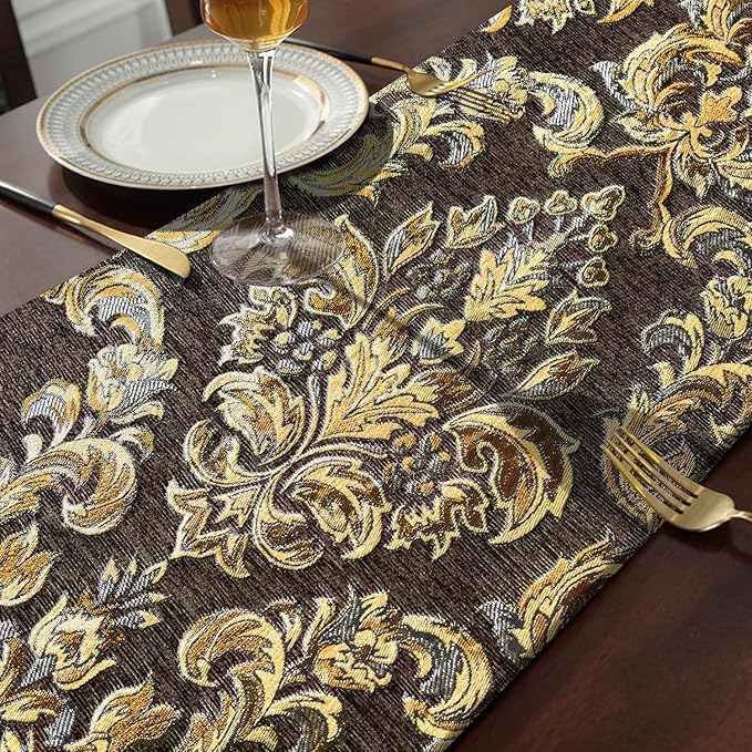Table Runner, Dark Brown Chenille Floral, 13 x 98 Inch