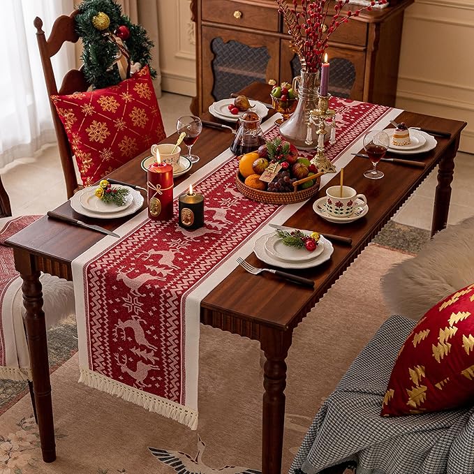 Table Runner, Boho Style, 14x119 Inches, Polyester with Fringe