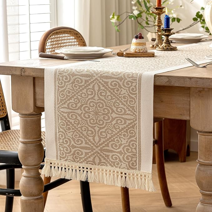 Table Runner 14 x 83 Inch, Coffee Geometric Print Polyester Fabric