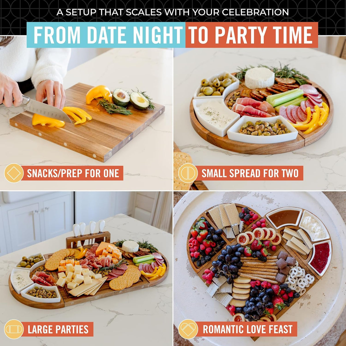 Elite Snacker Large Charcuterie Board Set, Acacia Wood, Premium Finish – features