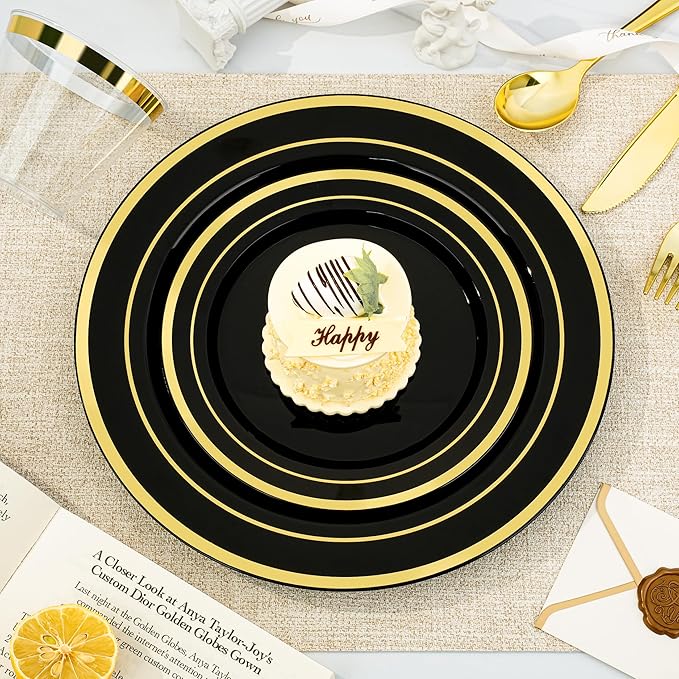 Disposable Black Plastic Plates Set with Gold Rim, 600 Pieces