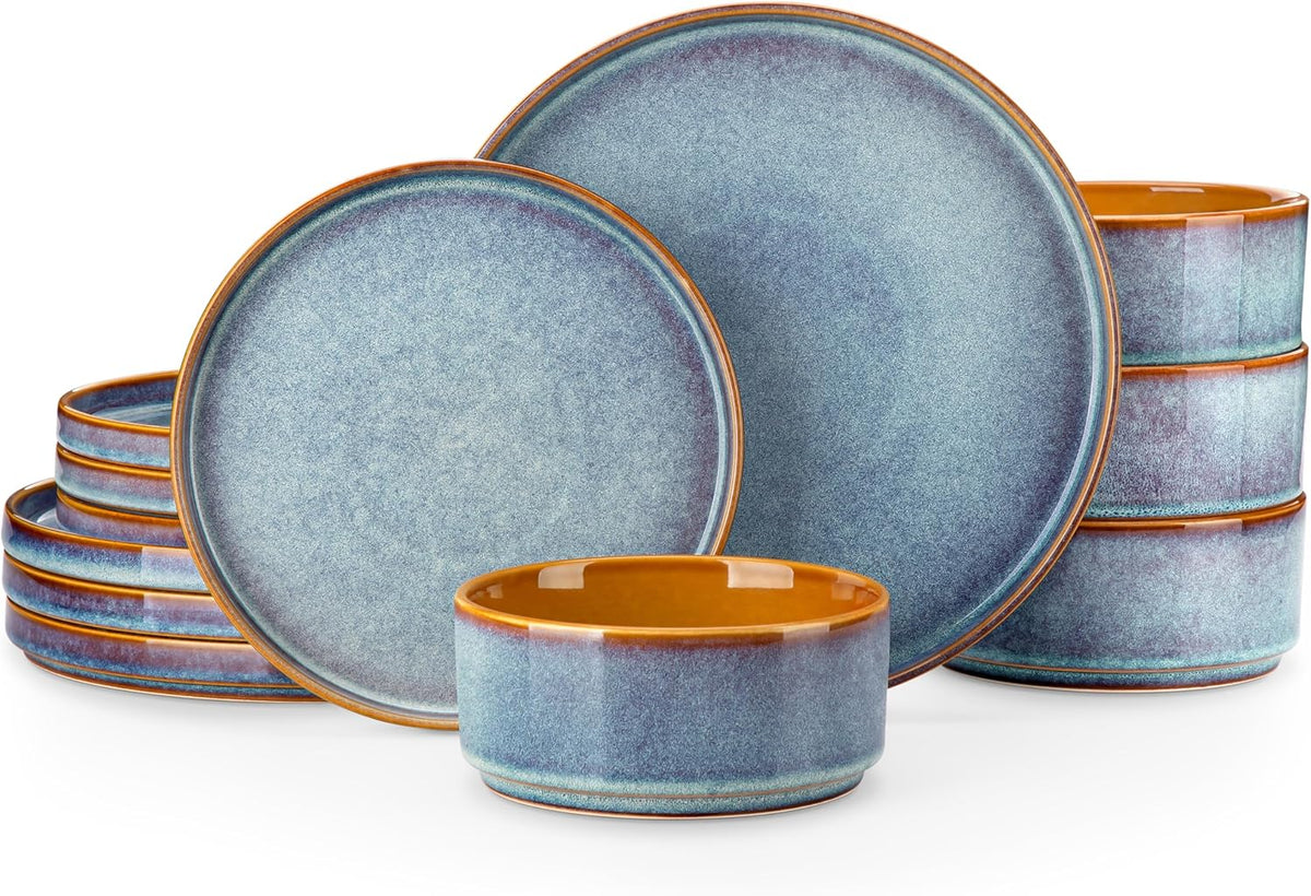 ONION Ceramic Plates and Bowls Sets for 4, 12 Pieces Stoneware Dinnerware Sets