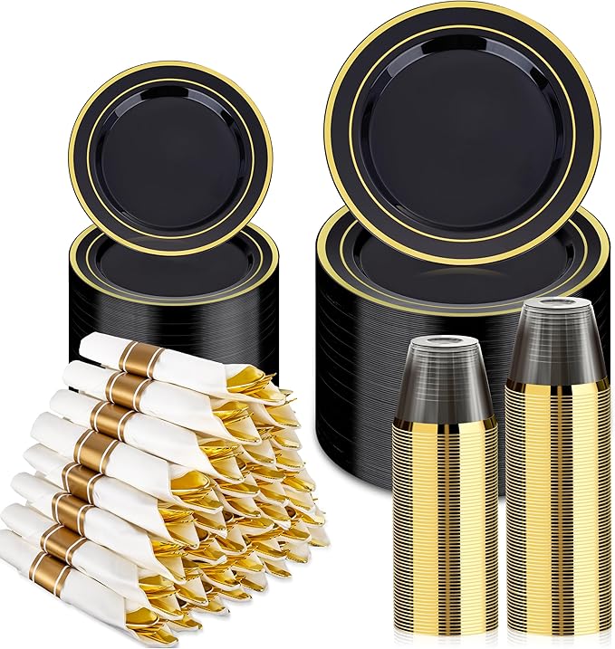 Plates Set, 350 Pieces, Black and Gold Plastic for 50 Guests