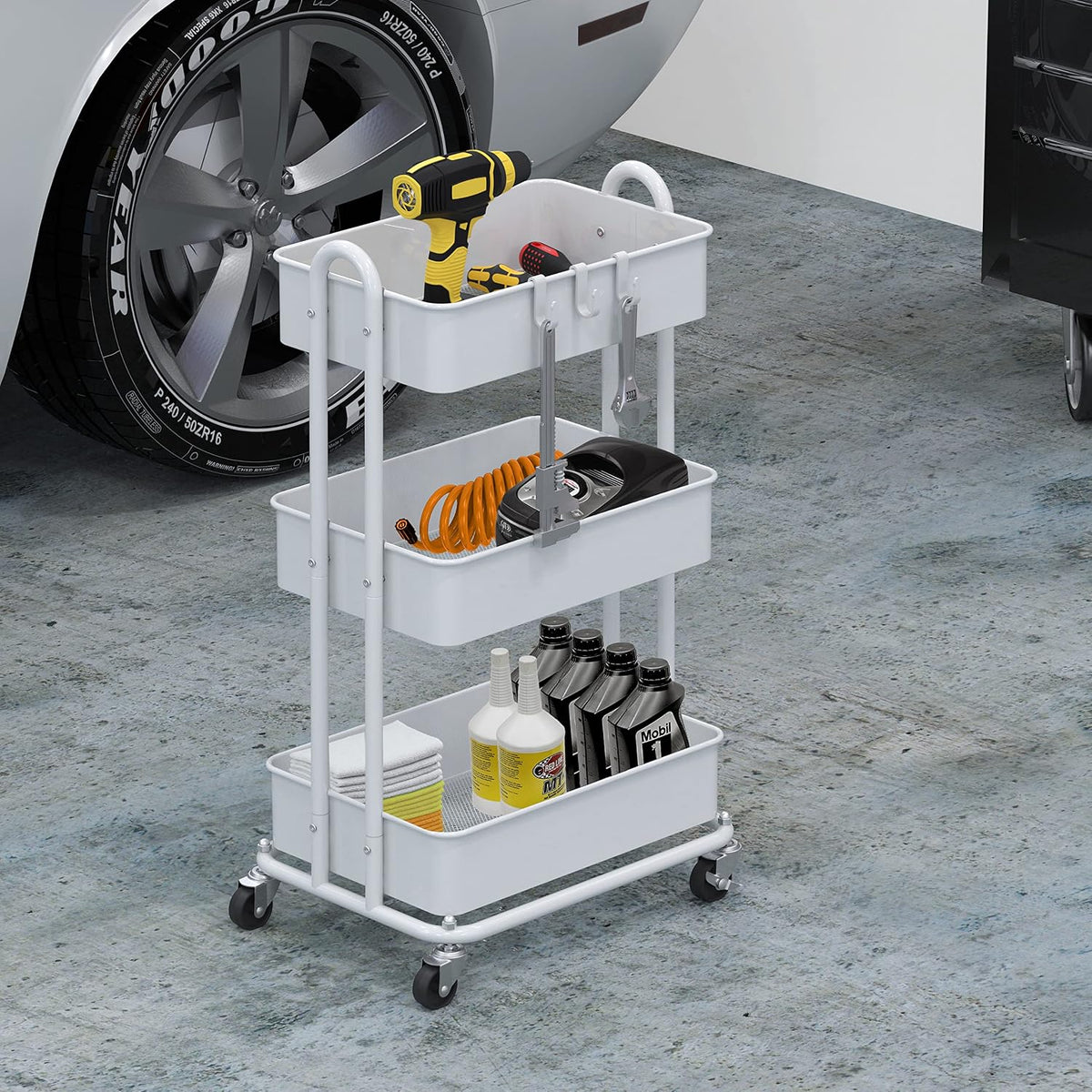 3-Tier Heavy Duty Metal Utility Rolling Cart, White – size reference